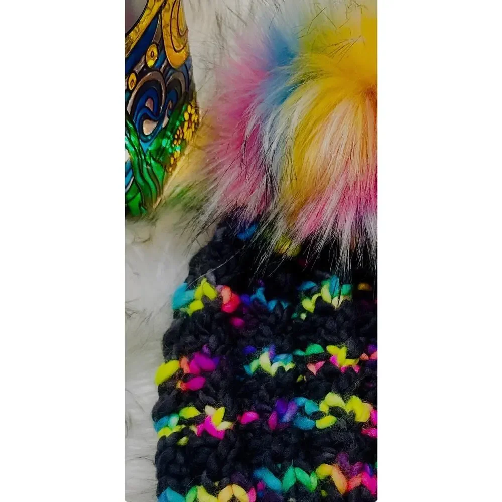 Hand Knit Merino Wool Beanie: Twist Knit Hat with Faux Fur Pom